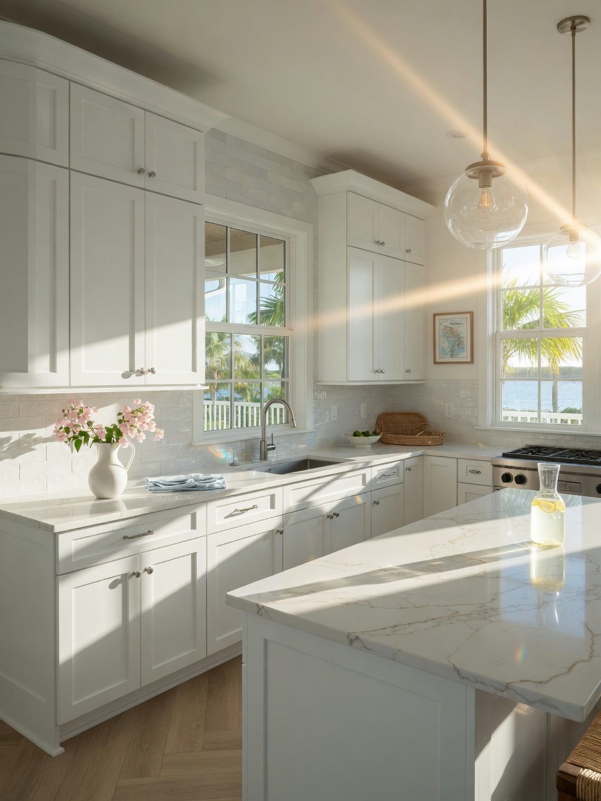 Ultra-realistic 8K photograph of a bright modern coastal kitchen in a Fort Myers home featuring white Aristokraft shaker cabinets, quartz countertops, and natural light streaming through large windows, clean composition, professional kitchen photography