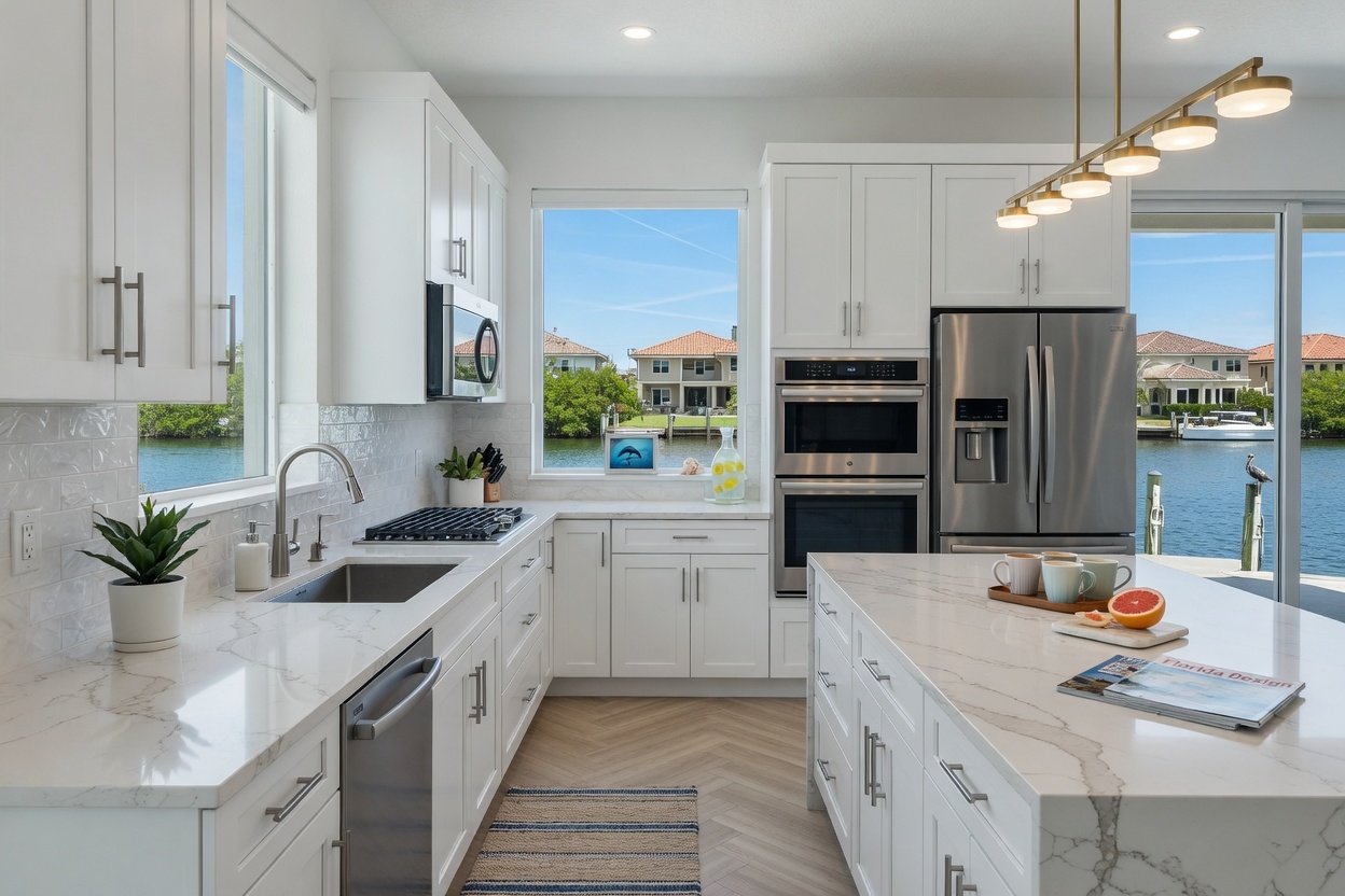 Ultra-realistic 8K photo of modern coastal kitchen with white shaker cabinets in a Cape Coral Florida home, bright natural light, quartz countertops, stainless steel appliances, view of canal through window, 2025 interior design