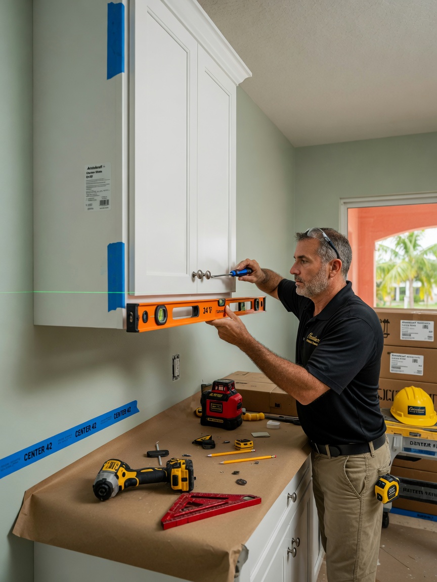Professional installer from Eternity Cabinet carefully installing Aristokraft upper cabinets in a Fort Myers home renovation, tools visible, precise leveling process, realistic documentary style photography