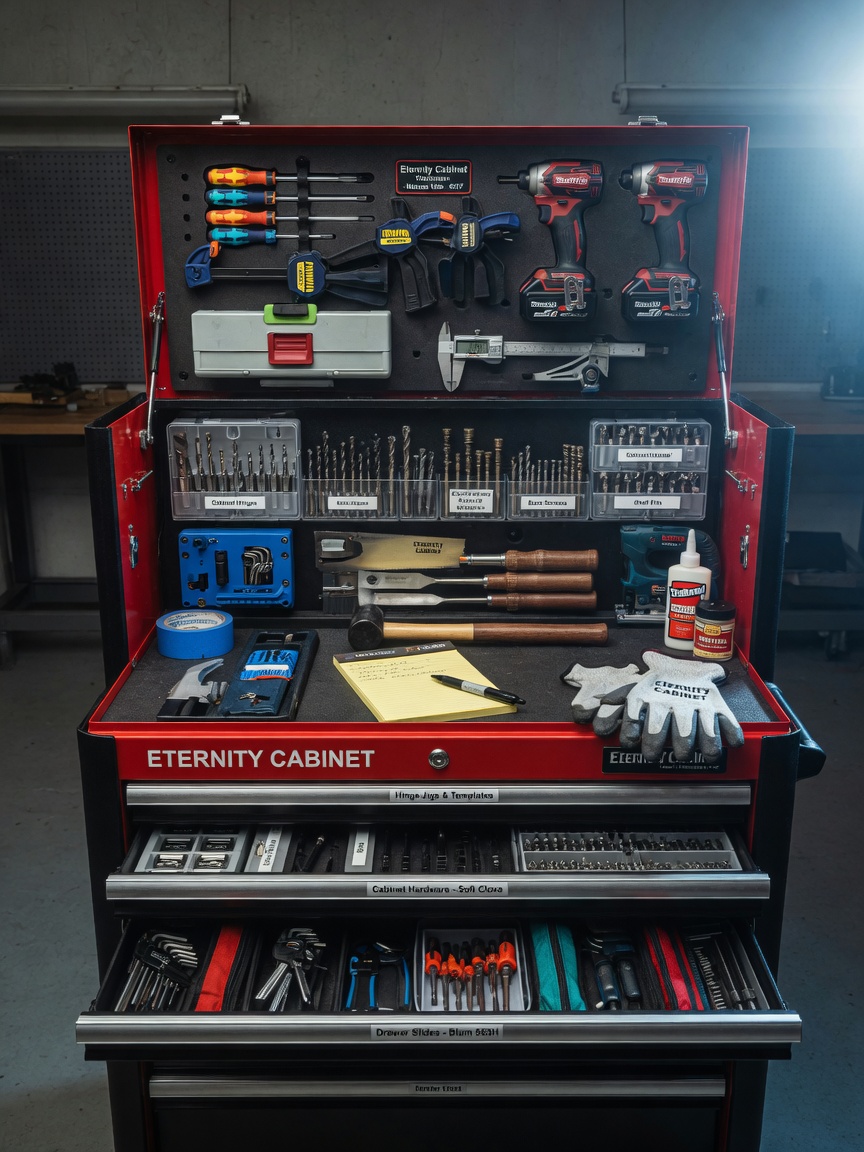 Professional 8K photograph of a clean organized toolbox with cabinet repair tools belonging to Eternity Cabinet technician, tools neatly arranged, workshop setting