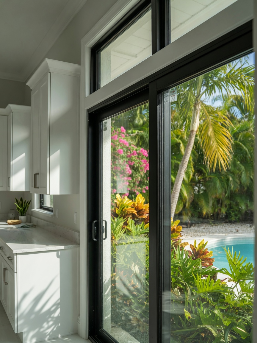 Ultra-detailed 8K cinematic shot of hurricane impact windows and doors installed adjacent to new white shaker kitchen cabinets in a Fort Myers home, showing seamless integration, natural daylight pouring in, view of tropical landscaping outside, architectural detail photography with perfect focus