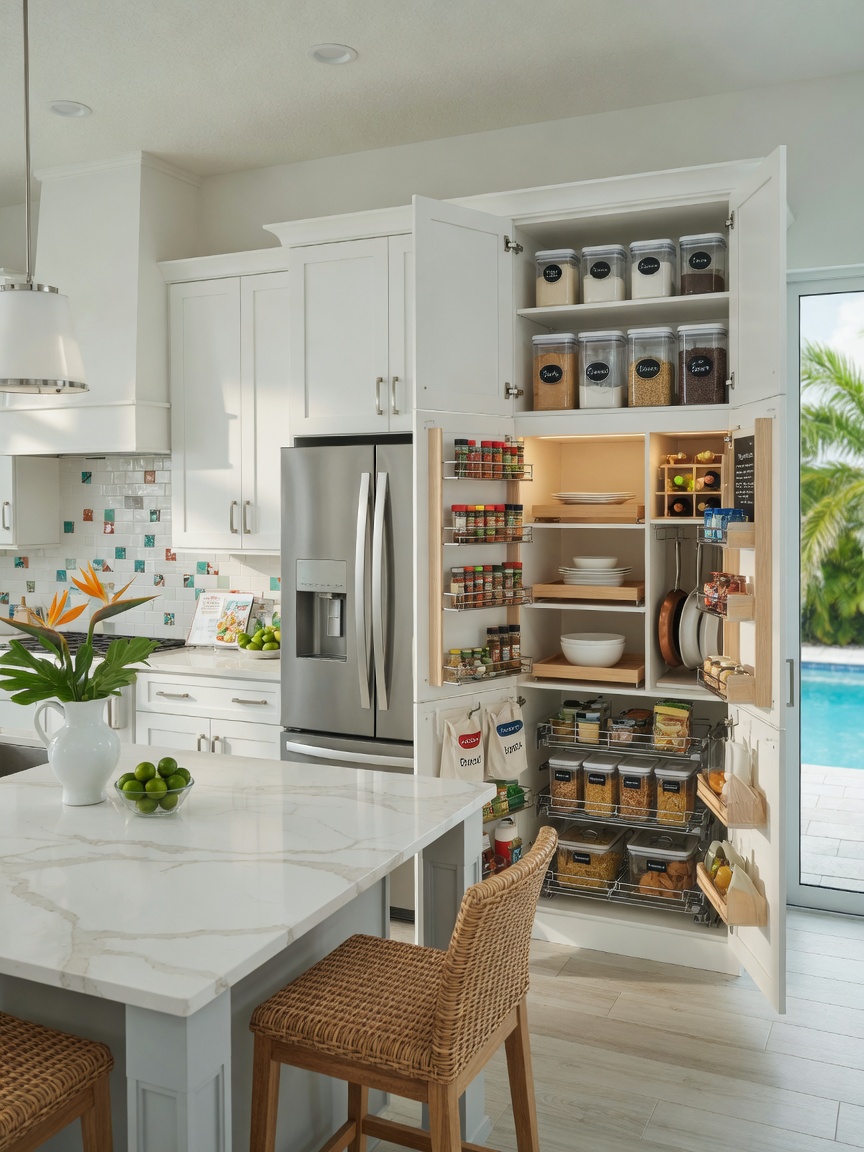 Aristokraft kitchen in soft white finish with hidden pantry cabinet open revealing organized interior storage solutions, clean modern Southwest Florida home, bright natural lighting, 8K detail rich image