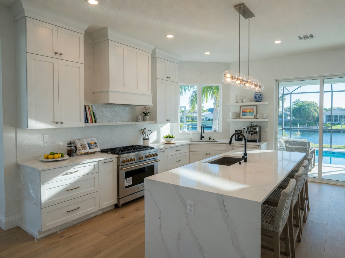 Ultra-realistic 8K image of a beautiful newly installed custom kitchen with white shaker cabinets in a Cape Coral luxury home, modern design, natural light streaming in