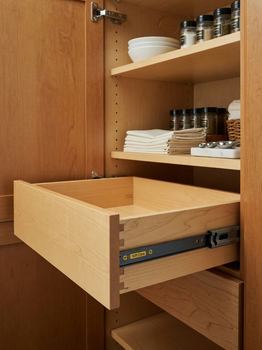 Aristokraft cabinet interior close-up showing soft-close glides, adjustable shelving, and finished wood interior, clean organized storage, premium quality details, 8K macro photography