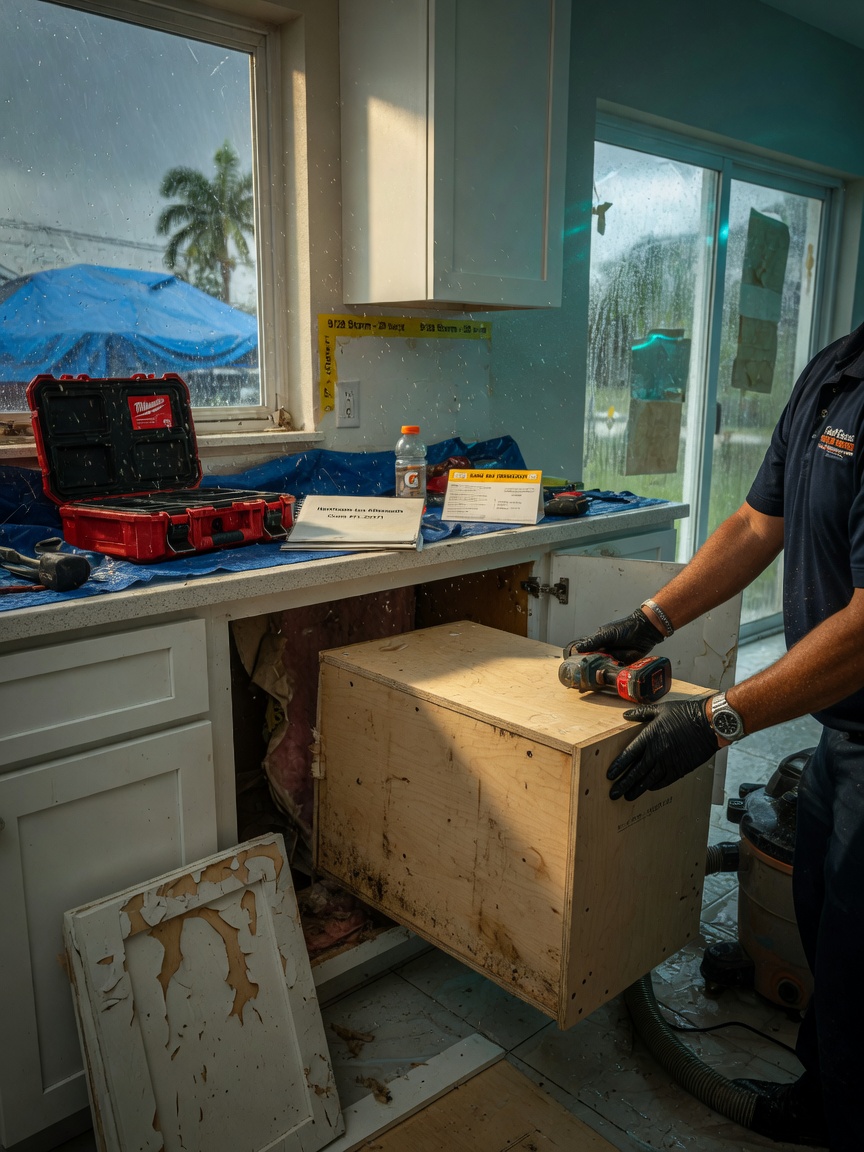 Emergency same-day kitchen cabinet repair after storm damage in Cape Coral home, technician replacing water-damaged cabinet box, realistic