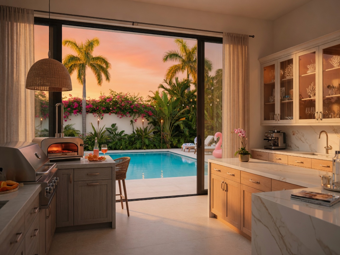 Cinematic golden-hour 8K photograph of an outdoor kitchen and indoor kitchen seamlessly connected through large sliding doors in a Southwest Florida luxury home, NatureKast cabinets outside, beautiful interior cabinetry inside, pool and tropical landscaping in background, resort-style living photography