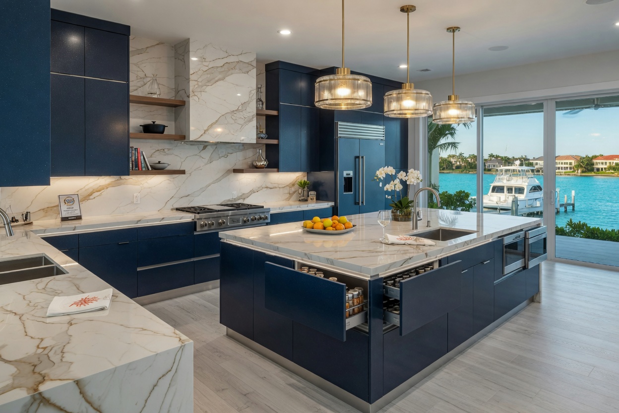 High-end kitchen with soft-close marine-grade cabinets, quartz countertops, and pendant lighting in a modern Cape Coral waterfront residence
