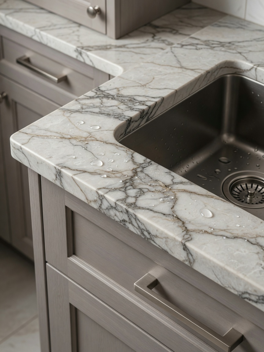 Ultra-realistic 8K close-up of quartz countertop edge detail with integrated sink, beautiful stone veining, paired with warm gray cabinetry and brushed nickel hardware, water droplets on surface, macro photography with perfect focus and lighting, luxury material photography