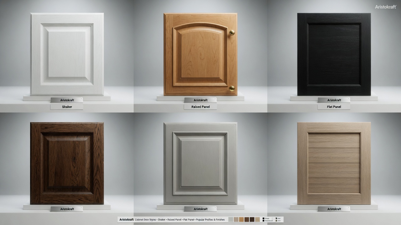 Aristokraft cabinet door styles comparison showing multiple popular profiles including shaker, raised panel, and flat panel arranged neatly with different finishes, studio lighting, clean product photography style