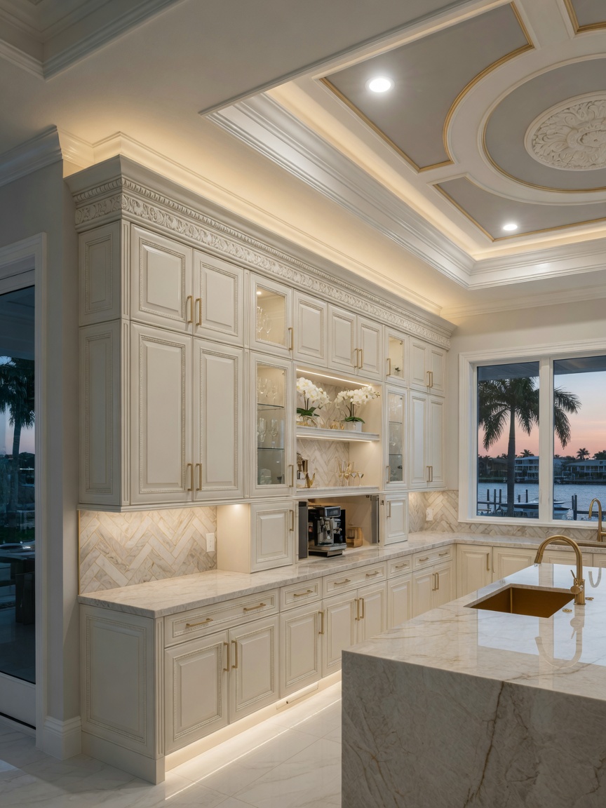 Professional 8K photograph of completed cabinet installation project with attention to detail on crown molding and lighting, Cape Coral luxury residence