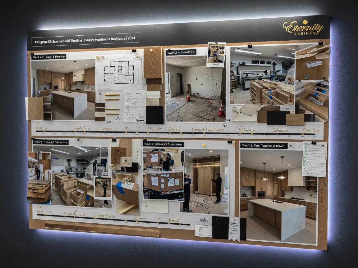 Photorealistic 8K image showing a complete kitchen remodel timeline infographic style but captured as a real photo collage of actual project stages from design to final installation on a mood board at Eternity Cabinet, professional and clean presentation