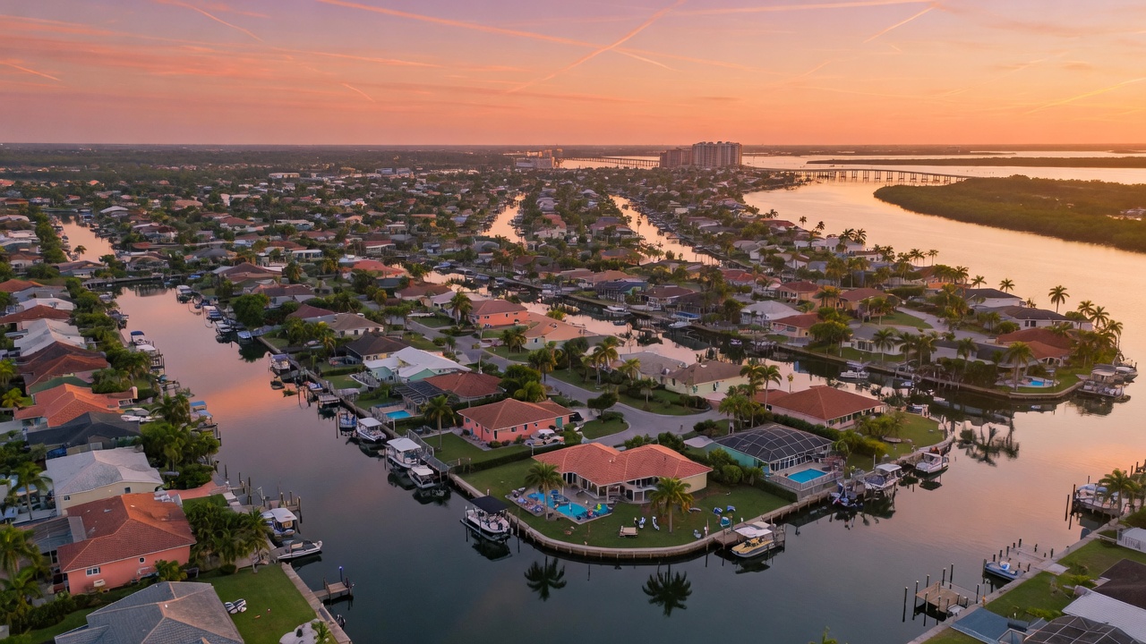 Aerial view of Cape Coral Florida canals and waterfront homes at golden hour, showcasing the unique 33904 geography and coastal lifestyle