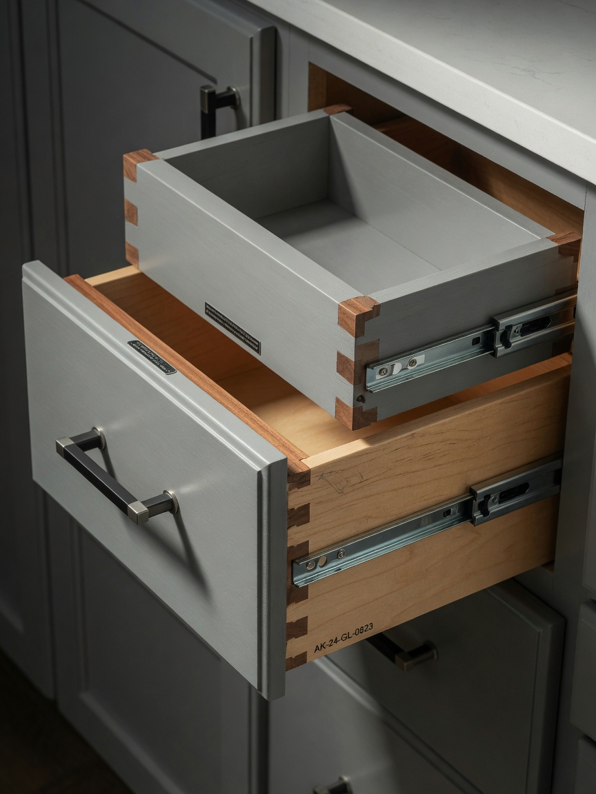 Close-up 8K detail shot of Aristokraft soft-close drawer with dovetail construction and premium hardware in a gray painted finish, showing smooth operation and high-quality craftsmanship, realistic cabinetry photography