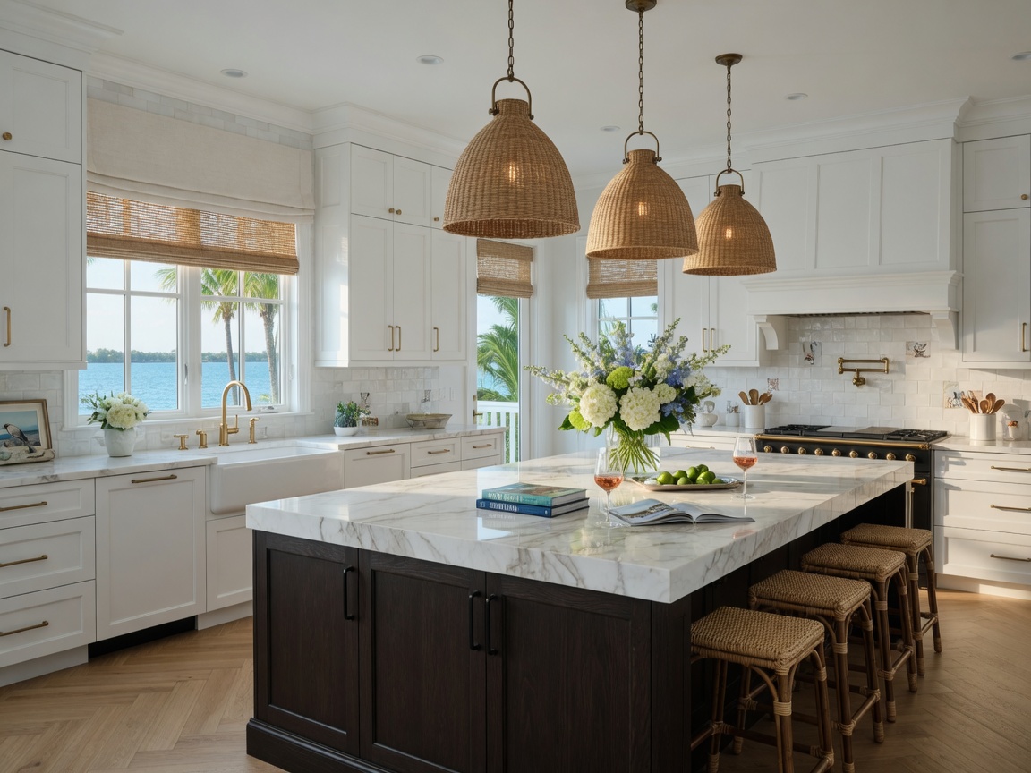 Two-tone luxury kitchen in a Naples Florida home with Aristokraft dark stained island cabinets and white perimeter Aristokraft shaker cabinets, large kitchen island with pendant lights, bright coastal style, 8K realism