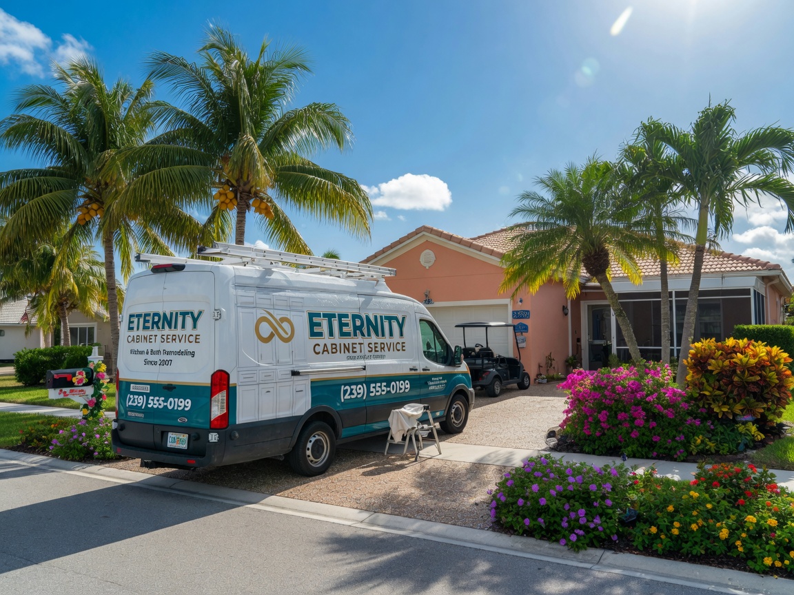 Ultra-detailed 8K photo of Eternity Cabinet service van parked in front of a beautiful Cape Coral 33990 single family home with palm trees and tropical landscaping, bright sunny day
