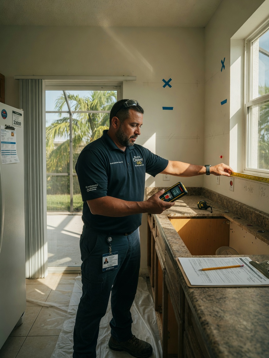 Professional technician from Eternity Cabinet measuring kitchen space in a Cape Coral 33909 home, wearing branded uniform, laser measurer in hand, realistic natural lighting