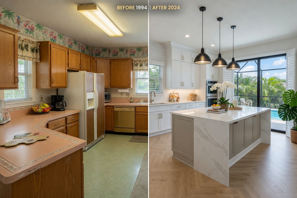 Photorealistic 8K image of a before-and-after split view of a dated 1990s Southwest Florida kitchen transformation, left side showing old oak cabinets with laminate counters and dated flooring, right side showing bright modern kitchen with white two-tone cabinets, quartz waterfall island, pendant lighting and impact glass doors leading to lanai, natural daylight, professional real estate photography style