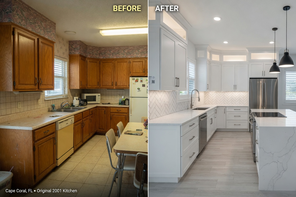 Before and after split image showing an outdated Cape Coral kitchen transformed with new Aristokraft white cabinets and professional installation by Eternity Cabinet, clean modern look, realistic photography style