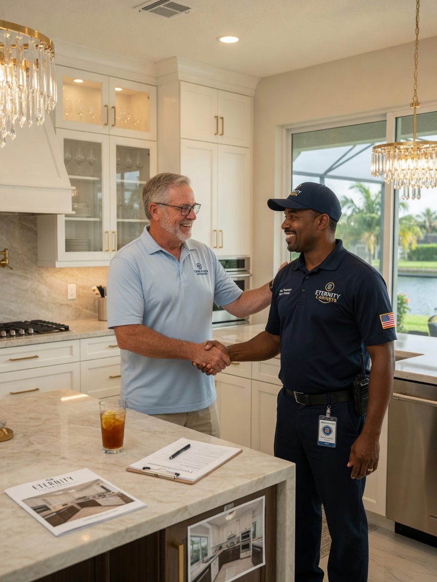 Photorealistic 8K image of a Cape Coral homeowner shaking hands with a uniformed Eternity Cabinet technician in a luxurious kitchen, both smiling, natural lighting, warm tones