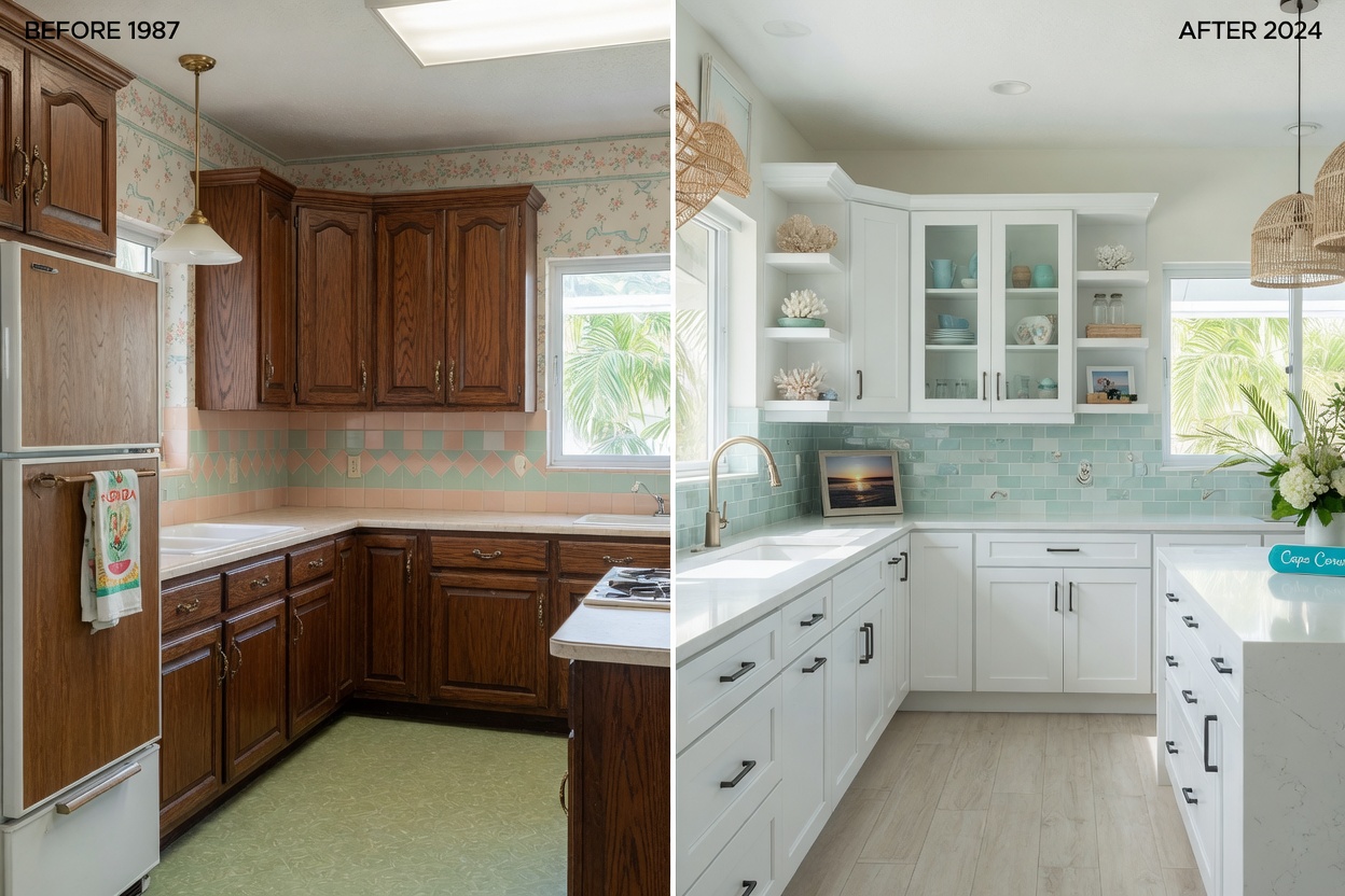 Before and after split image showing outdated 1980s kitchen cabinets transformed into modern coastal style in Cape Coral Florida home, high detail, natural lighting