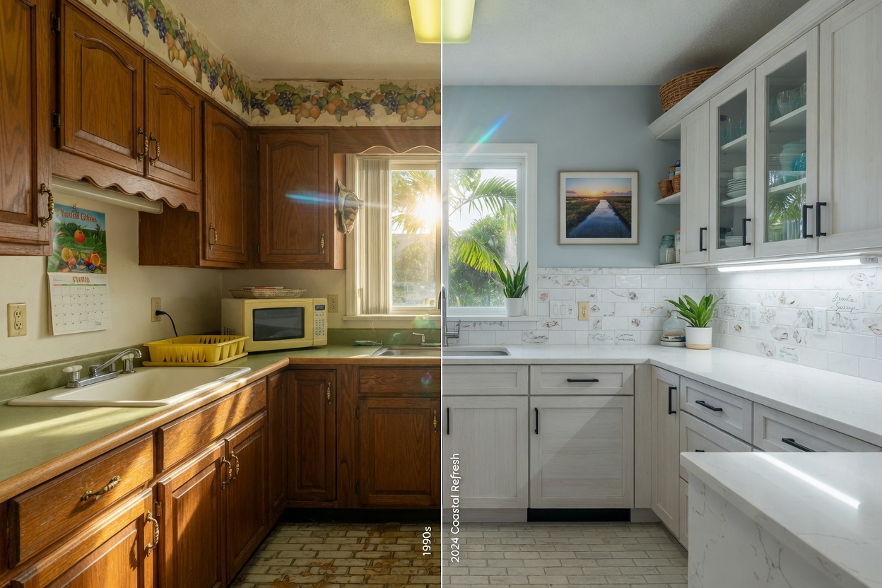 Before and after split image of outdated 1990s kitchen cabinets versus newly installed modern coastal style cabinets in Bonita Springs Florida home, ultra realistic 8K