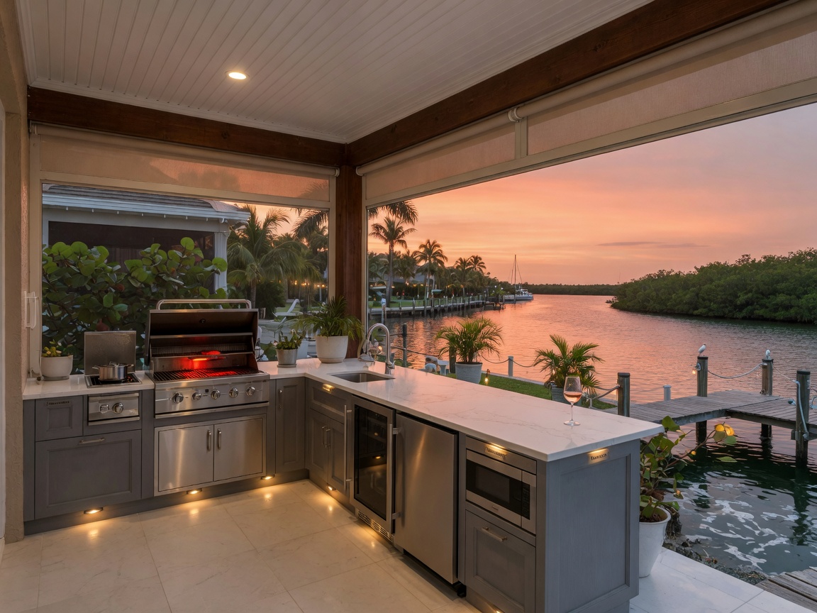Cinematic 8K ultra-detailed photograph of NatureKast all-weather outdoor kitchen on a covered Fort Myers lanai overlooking a saltwater canal at sunset, weatherproof gray cabinetry with stainless steel appliances, quartz counters, built-in grill, soft landscape lighting, realistic water texture in canal, golden hour atmosphere, architectural photography