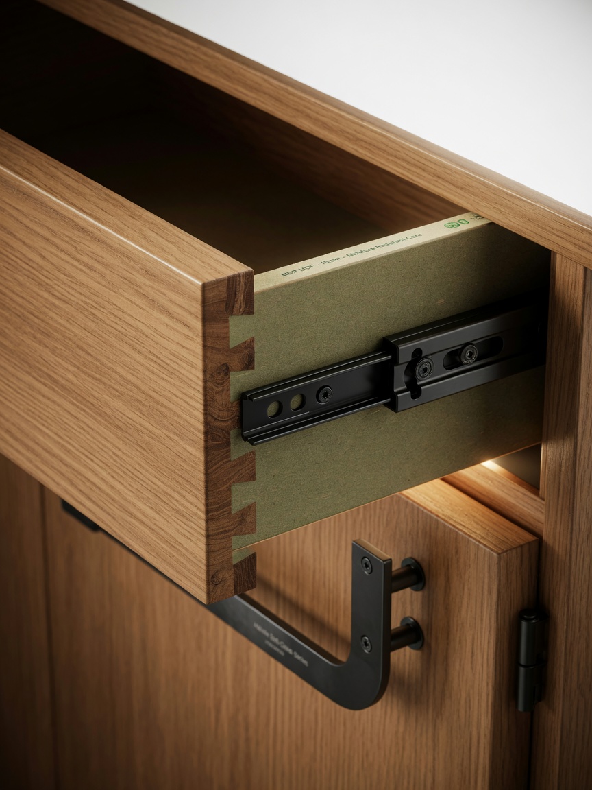 Hyper-realistic 8K close-up photograph of premium soft-close cabinetry hardware and drawer construction details, showing dovetail joints, full-extension glides, moisture-resistant core material, and matte black finish pulls on warm oak cabinet door, studio lighting with shallow depth of field, product photography style that looks like a high-end catalog shot