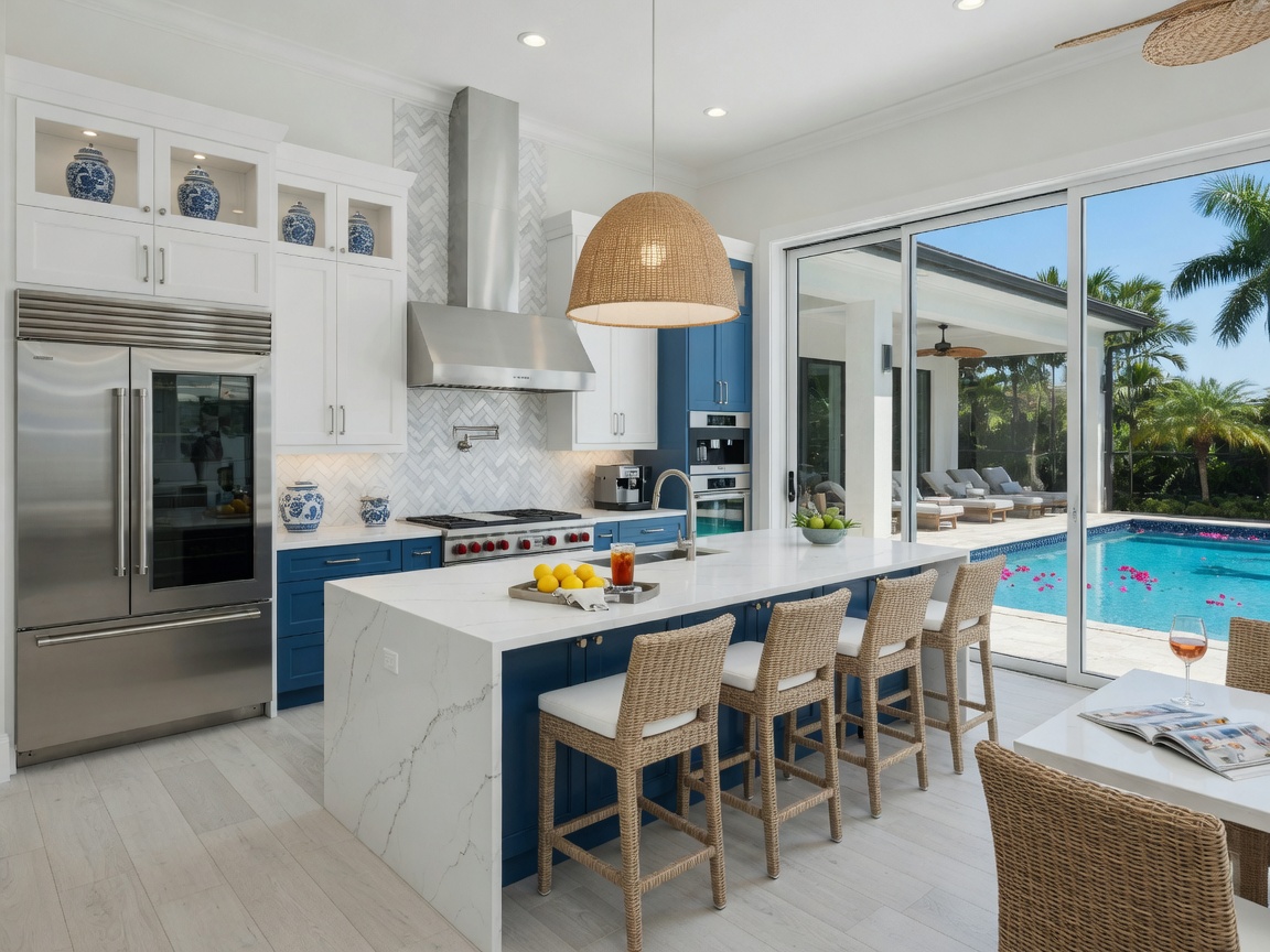Ultra-photorealistic 8K image of a spacious open-concept kitchen in a Naples, Florida luxury home with large center island, two-tone cabinetry in coastal blue and white, high-end stainless steel appliances, herringbone tile backsplash, and seamless sliding glass doors opening to an outdoor living area with pool visible, bright natural light, luxury real estate photography