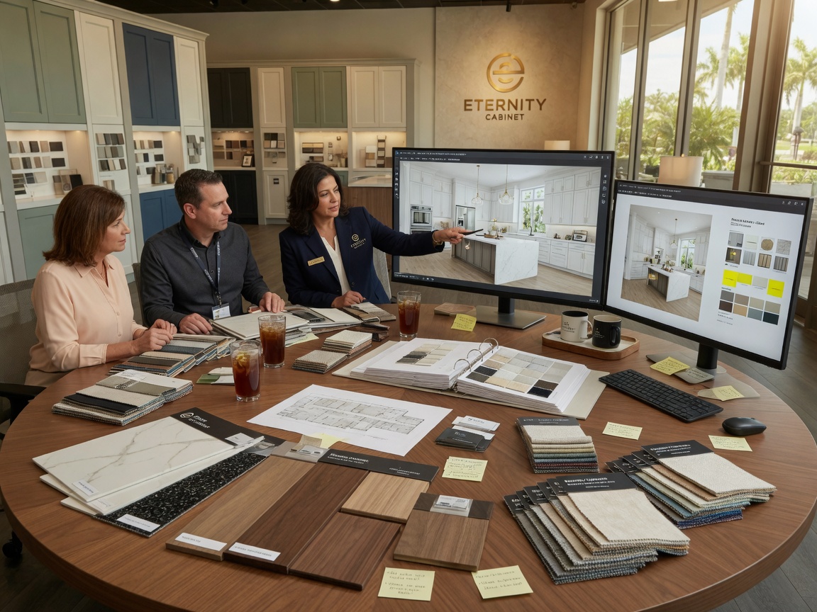 Realistic 8K photograph of professional kitchen designers from Eternity Cabinet meeting with clients at a round table in the Fort Myers showroom, reviewing 3D computer renderings on large monitors, material samples and fabric swatches spread across table, warm and professional atmosphere, natural window light