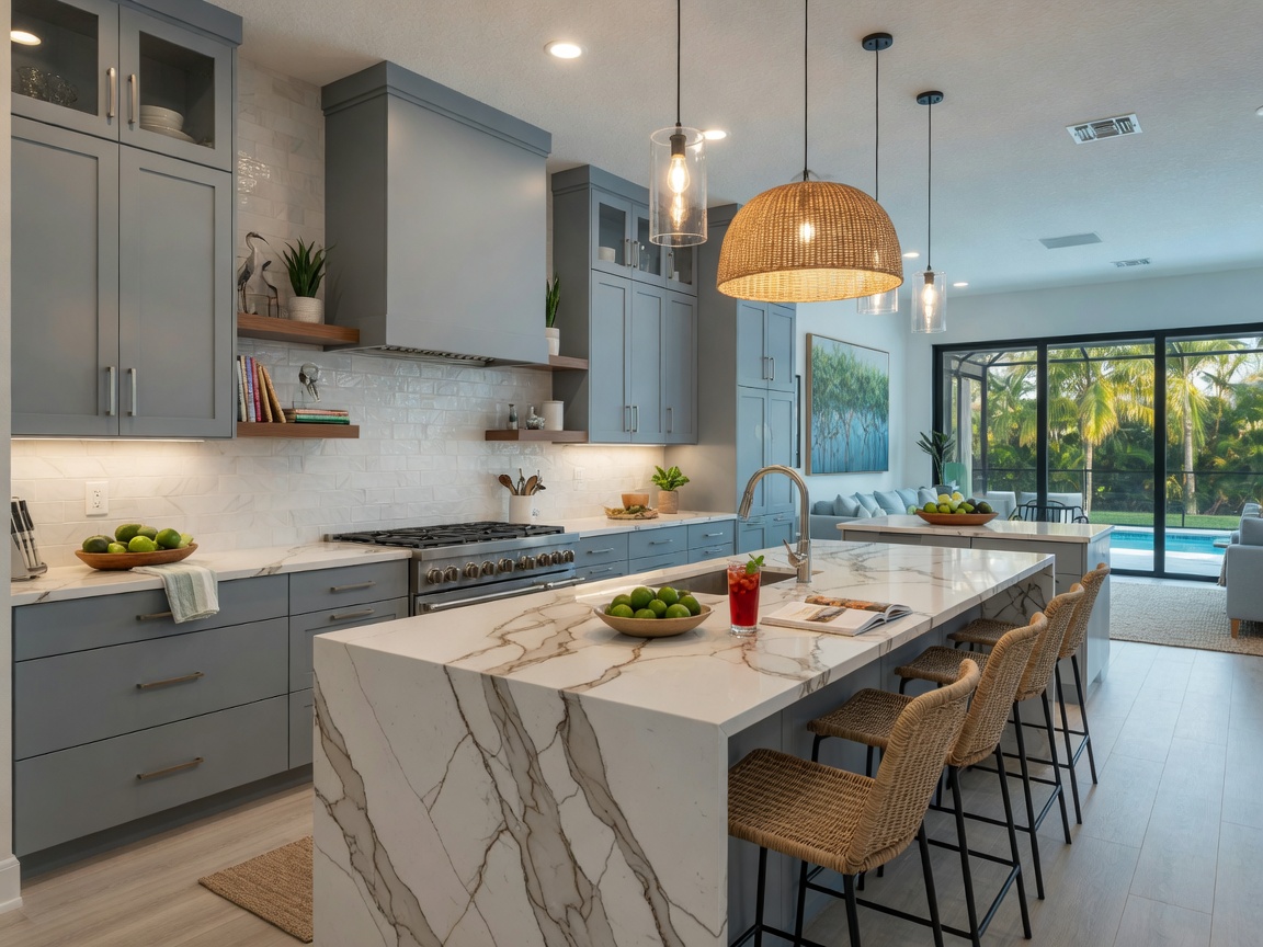 Modern Southwest Florida kitchen with Aristokraft flat panel Milano cabinets in a sophisticated gray tone, waterfall quartz island, pendant lighting, and open concept layout, 8K realistic interior photography