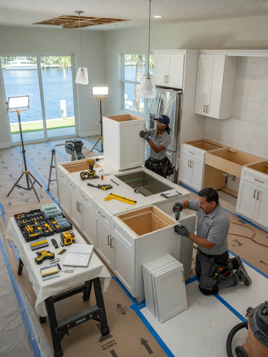 Dramatic 8K ultra-realistic image of a Cape Coral waterfront home kitchen during renovation, showing installation of new custom cabinets by skilled carpenters, protective floor coverings, tools neatly organized, bright lighting, construction in progress but very clean and professional, documentary photography style