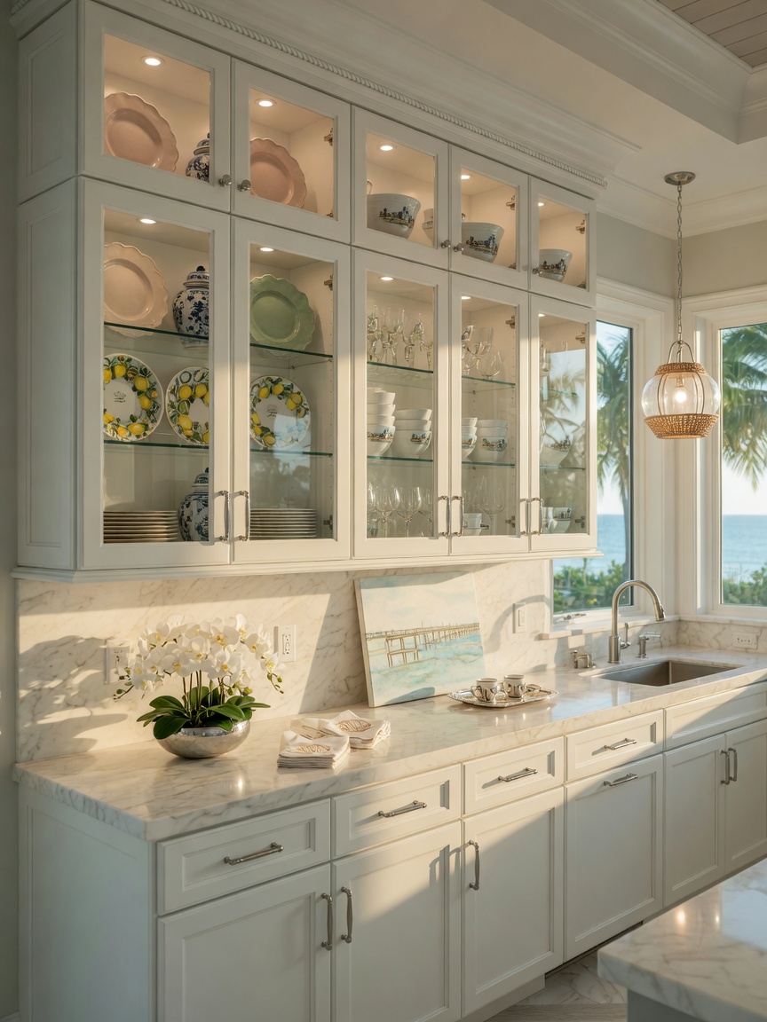 Luxury coastal home kitchen in Naples Florida featuring Aristokraft white cabinets with glass door upper cabinets displaying beautiful dishware, under cabinet lighting, premium details, ultra-realistic 8K image