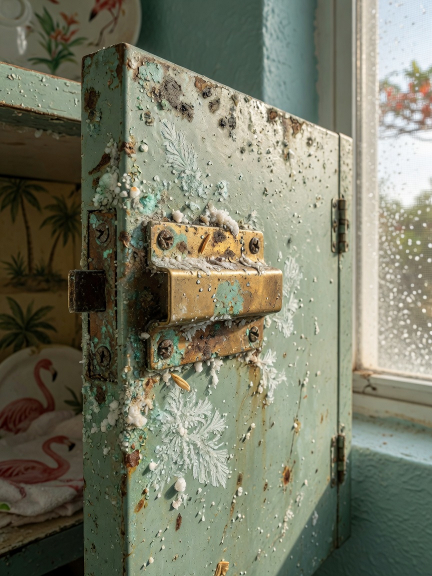 8K ultra-detailed image of salt air corrosion on old metal cabinet hardware in a Southwest Florida home, macro photography style, natural window light