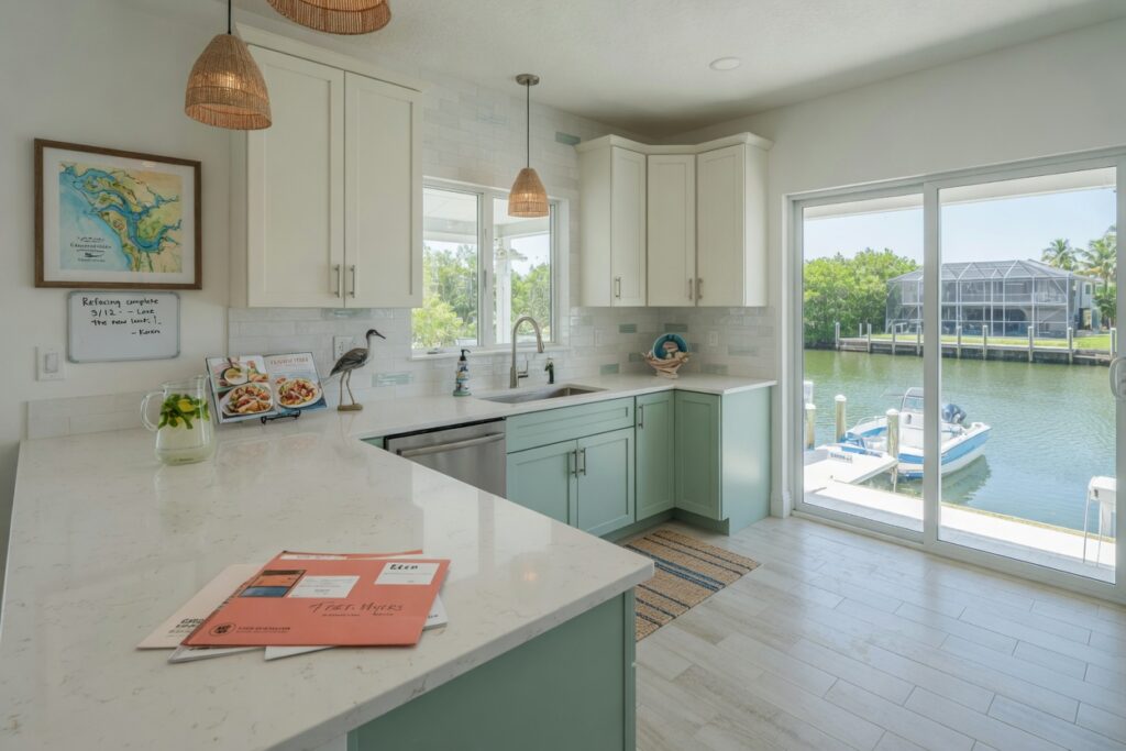 Ultra-realistic 8K photo of a modern Southwest Florida kitchen after cabinet refacing in Fort Myers showing light coastal colors with quartz countertops, natural daylight streaming through windows overlooking a canal, professional photography, sharp detail