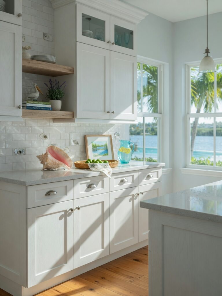 Ultra-realistic 8K photo of modern kitchen with newly installed white shaker cabinets in a luxury Bonita Springs Florida home, natural sunlight coming through windows, coastal decor, highly detailed wood textures