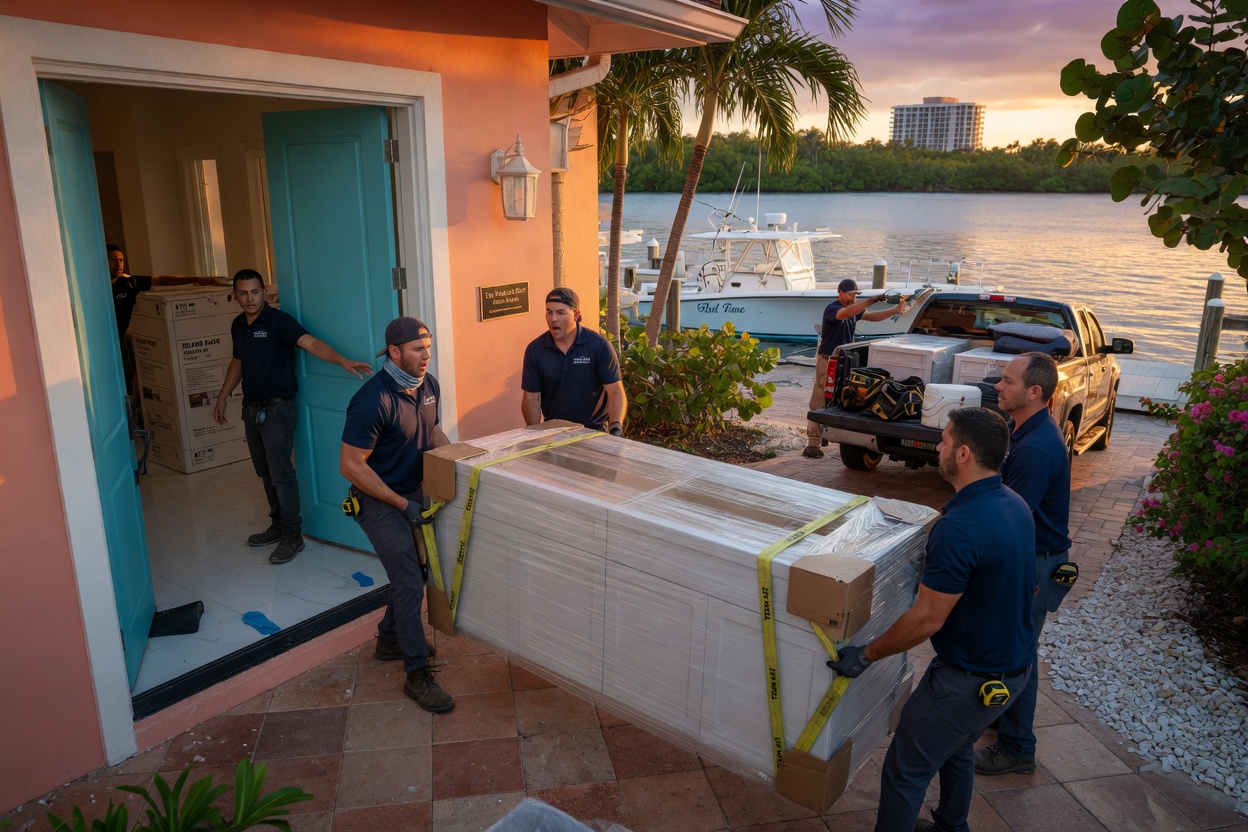 Ultra-realistic 8K photo of cabinet installation team carrying large cabinet components into a waterfront home in Bonita Springs Florida, careful handling