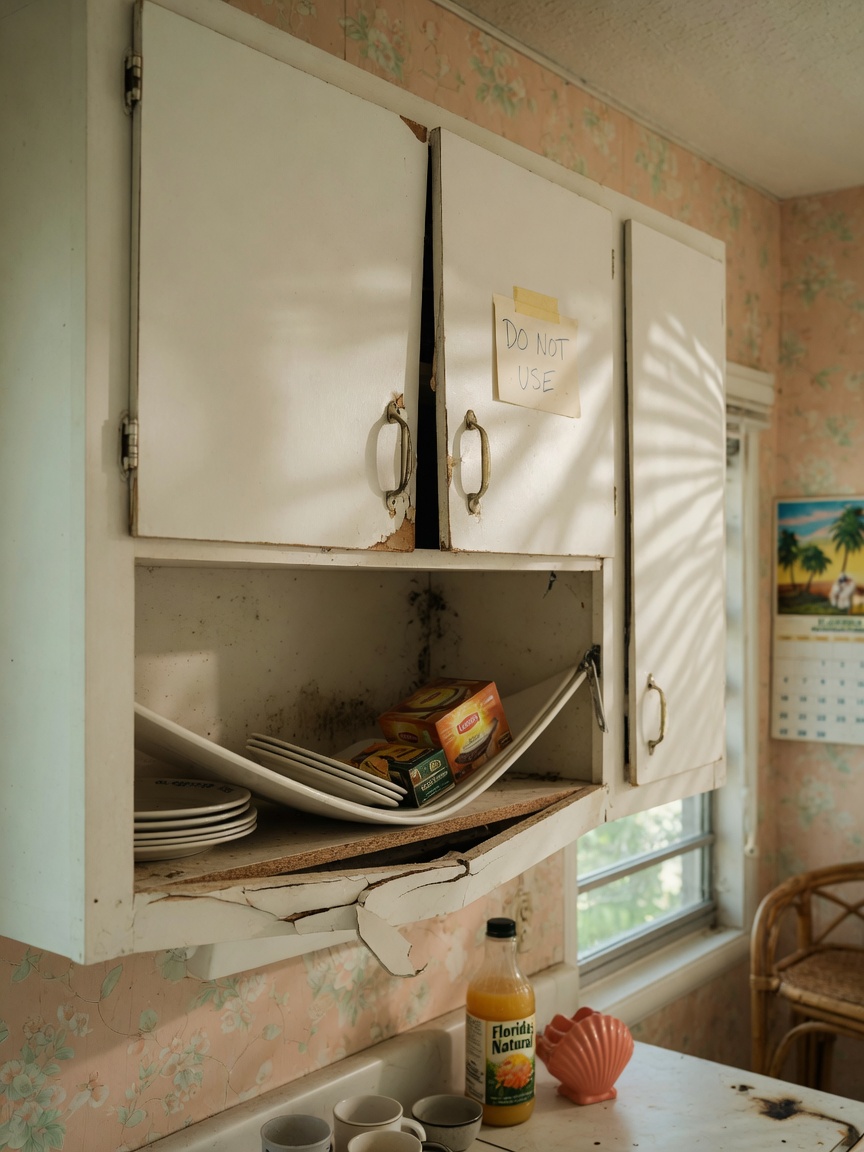 Ultra-realistic 8K image showing warning signs of cabinet failure including gaps, sagging shelf, and misaligned doors in an older Bonita Springs kitchen