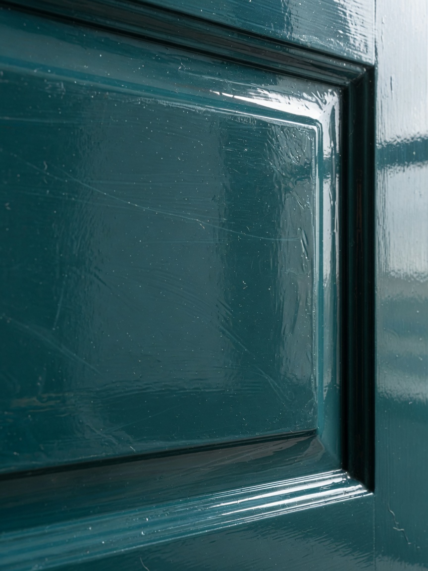 Ultra-realistic 8K close-up of catalyzed conversion varnish finish on a painted bathroom vanity door showing depth and durability, studio lighting with perfect reflection control