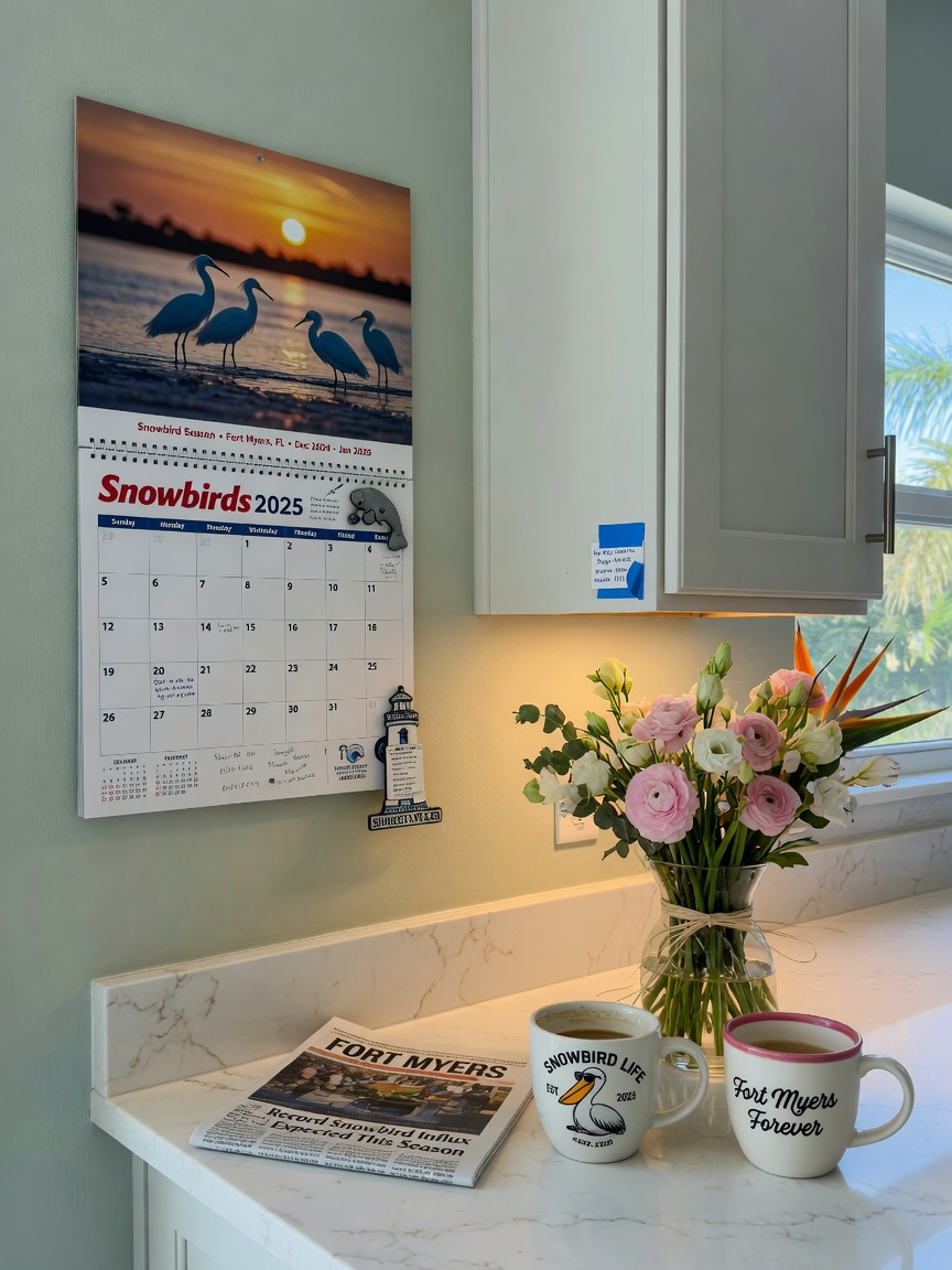 Ultra-realistic 8K photo of snowbird calendar on kitchen wall next to newly completed cabinet refacing fort myers project, fresh flowers, coffee mugs, welcoming winter home feel