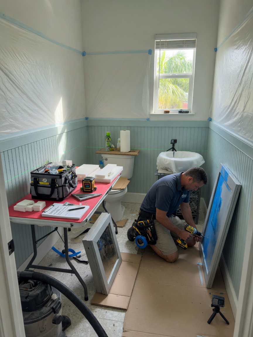 Ultra-realistic 8K photograph of same day cabinet installation project in progress in a small Bonita Springs bathroom, efficient workspace organization