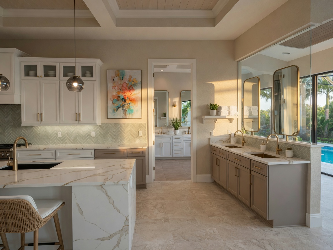 Wide-angle 8K architectural photo of an open-concept Southwest Florida home showing matching bathroom vanity and kitchen cabinets in complementary finishes with quartz countertops throughout