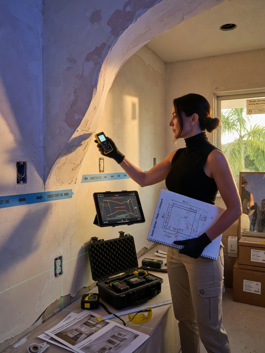 Ultra-realistic 8K image of professional measuring irregular walls in a Bonita Springs home prior to custom cabinet installation, laser measurement tools
