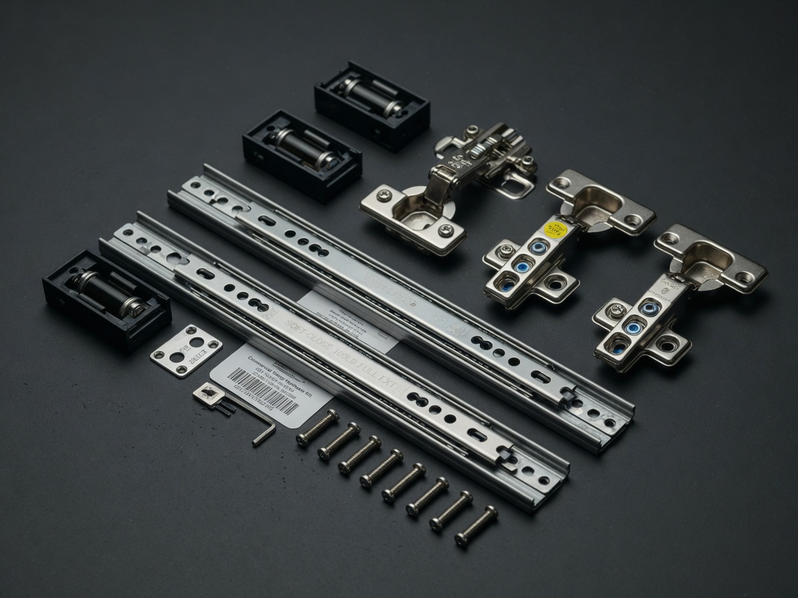 8K product photography of commercial grade bathroom vanity hardware including soft-close slides and hinges arranged neatly on dark background, technical and precise