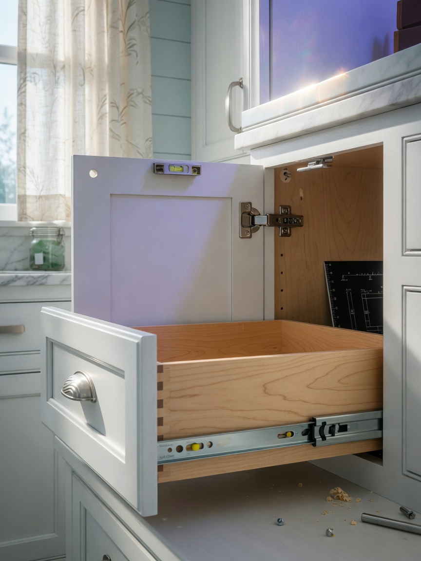 Ultra-realistic 8K close-up of cabinet hardware installation including soft close slides and hinges with perfect adjustment in high-end coastal home
