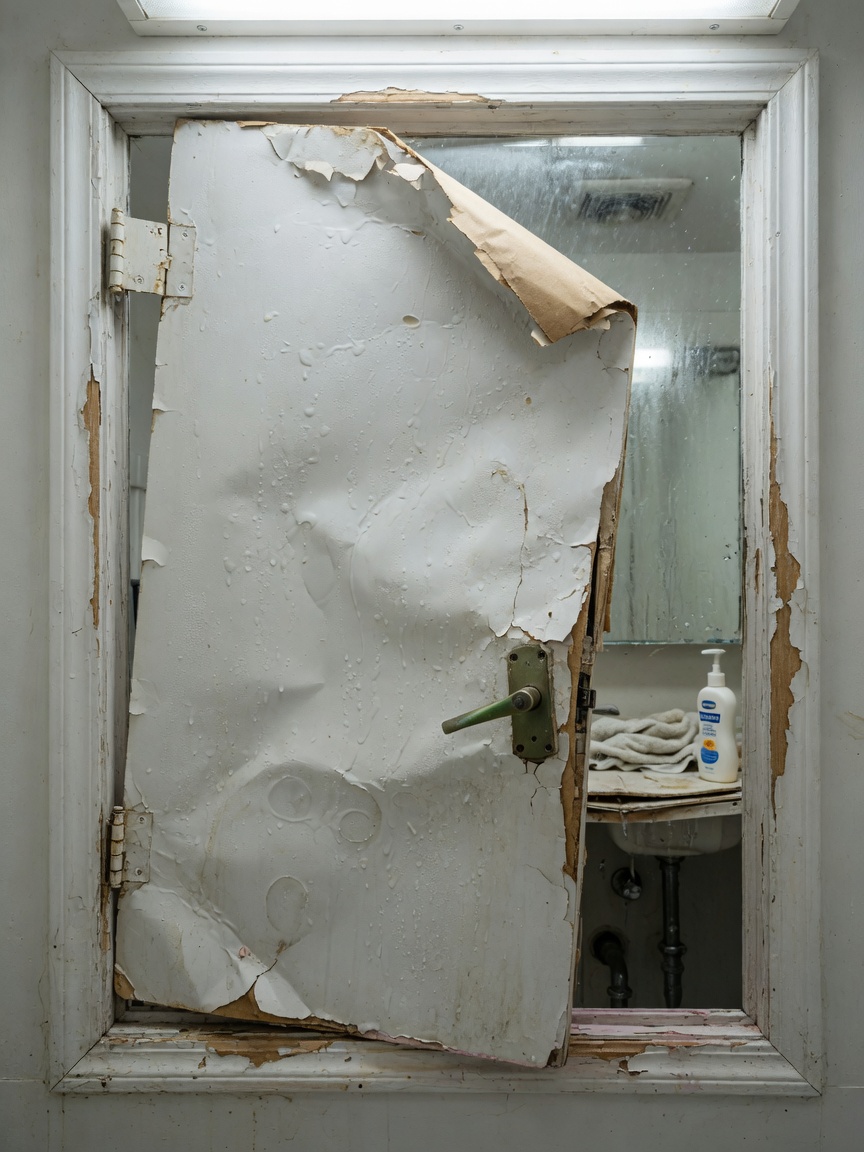 Ultra-realistic 8K image of a swollen and racked bathroom vanity door in high humidity environment with visible gaps and misalignment, documentary style failure analysis