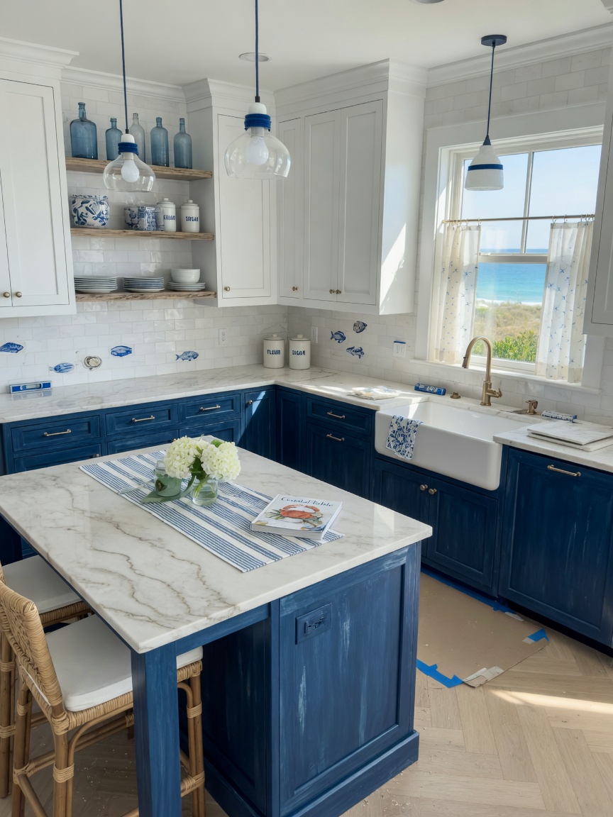 Ultra-realistic 8K photo of beautiful coastal themed kitchen after professional cabinet installation, blue and white color scheme, natural textures