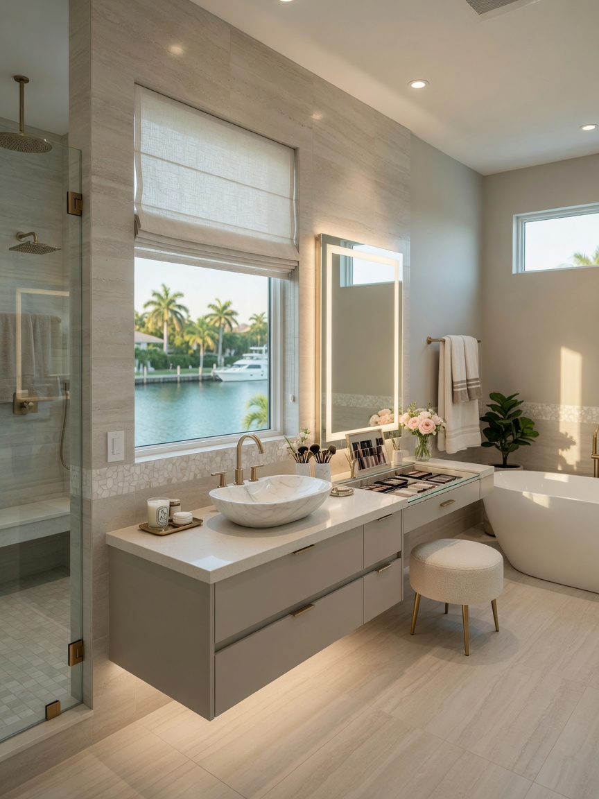 Professional 8K photograph of a completed luxury bathroom in Cape Coral Florida featuring custom floating vanity with integrated makeup station, soft neutral tones and spa-like atmosphere
