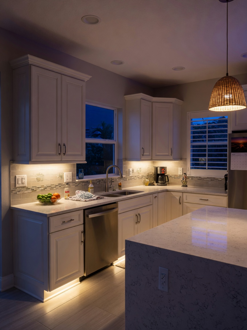 Ultra-realistic 8K evening shot of a beautifully lit Southwest Florida kitchen after dark with under-cabinet lighting highlighting newly refaced cabinetry and quartz counters