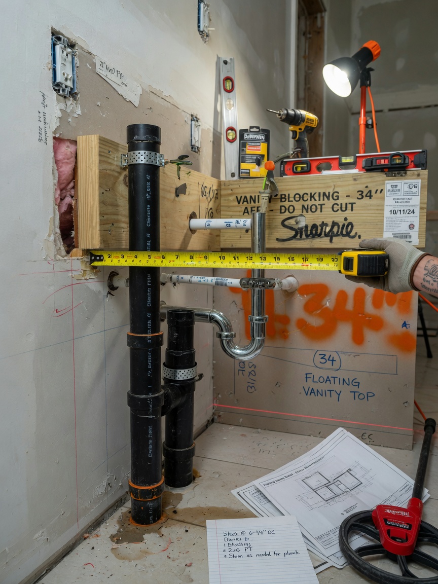 8K image showing detailed measurement process of plumbing stack and wall blocking before installing a floating vanity in a Fort Myers home, technical construction photography