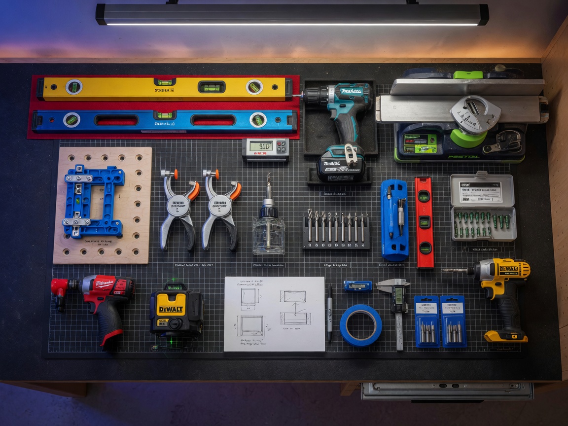 Ultra-realistic 8K photograph of organized tool layout for professional cabinet installation including levels, drills, and specialized cabinet tools